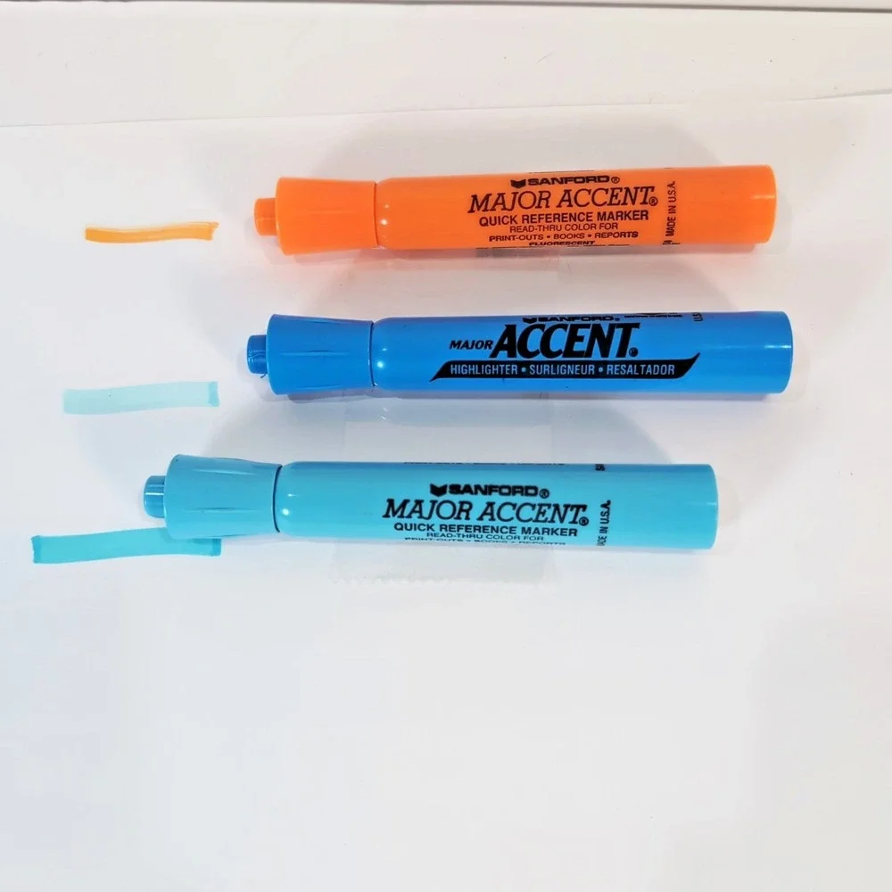 Vintage Sanford Major Accent Highlighters Set Broad Point Dk Blue Lt Blue Orange